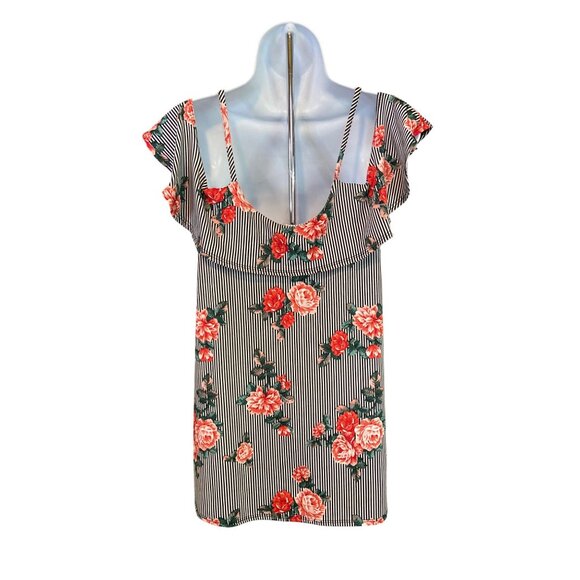 First Love Ruffle Tank Top L Black White Floral Stripe Red Roses Boho Summer Y2K - Picture 2 of 7